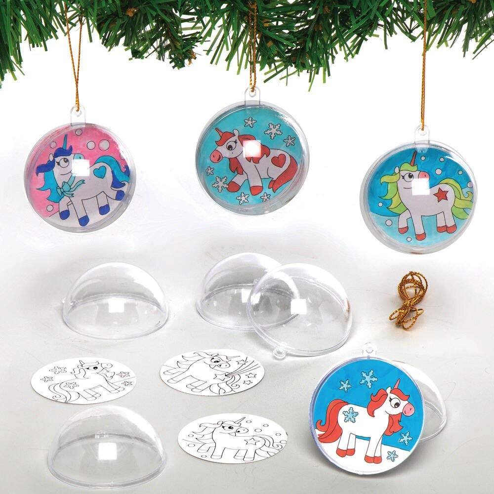 Baker Ross Festive Unicorn Colour in Baubles – Pack of 8, Bauble Craft Kits for Kids, Make Your Own Christmas Decorations (AX555)