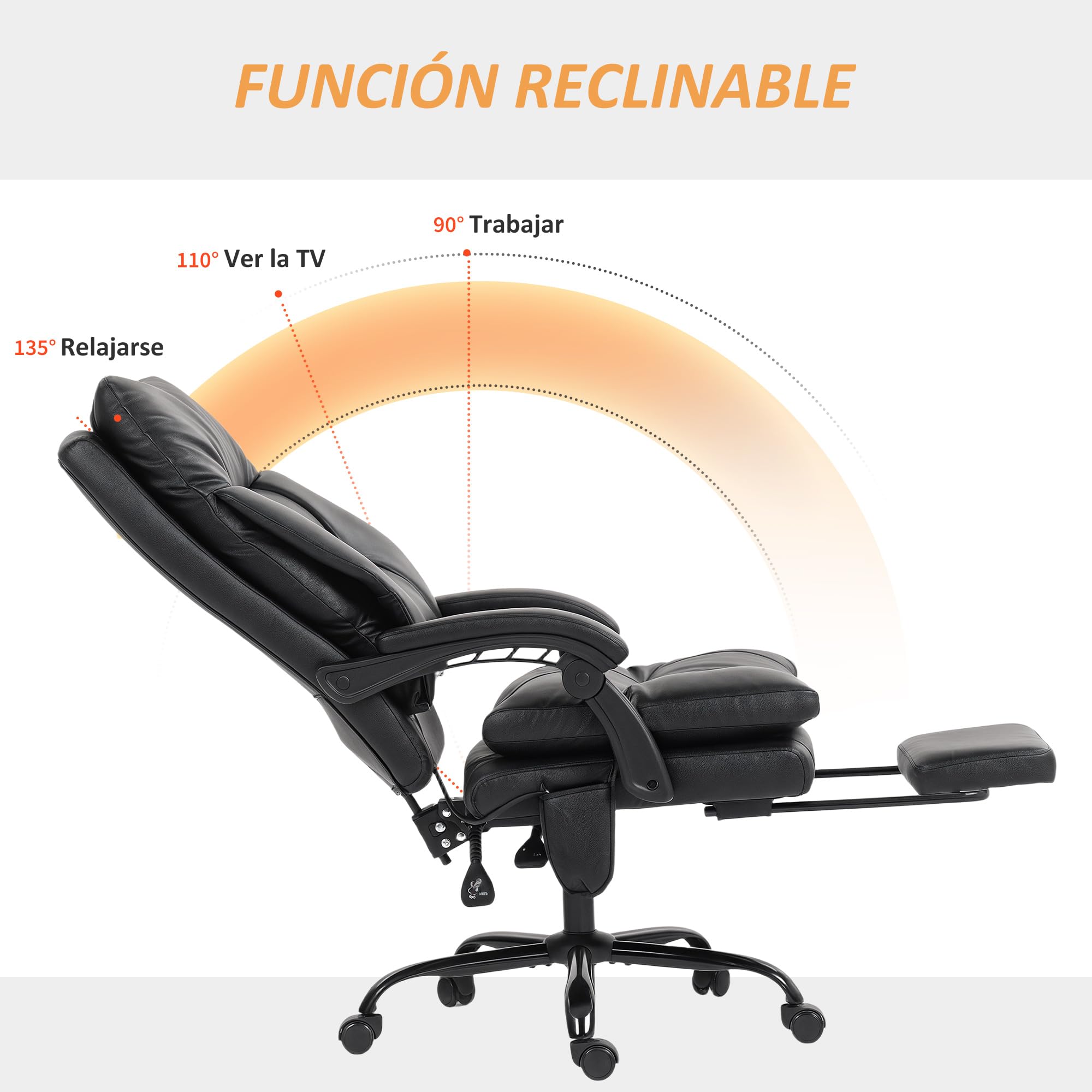 HOMCOM Silla de Escritorio con Soporte Lumbar Inflable, Tapizada en PU, Silla de Oficina Giratoria con Reposapiés, Respaldo Reclinable, Respaldo Alto, Altura Ajustable, Negro