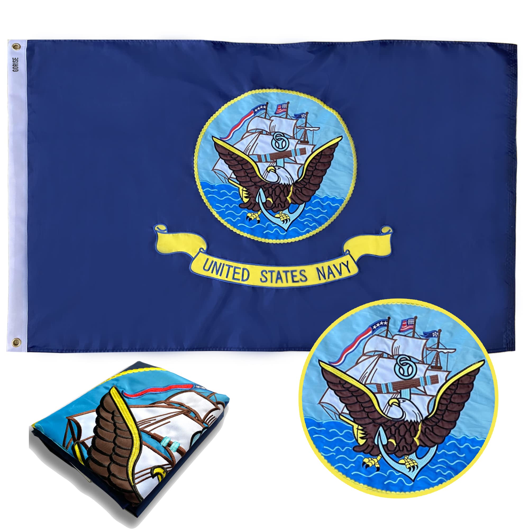GORISE Navy Flag 2x3 Ft for Outdoor Decor, Embroidered US Flag and State Flag of USA (Navy Flag 2x3 Ft)