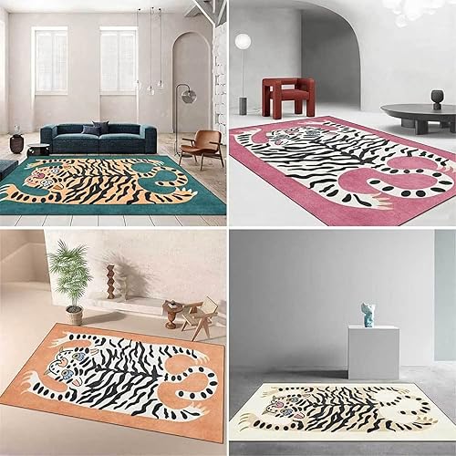 Miniatura 7 de Alfombra vintage bohemia para sala de estar, 4 x 6 pies, alfombra verde con diseño de tigre de dibujos animados para dormitorio, lavable, tapete
