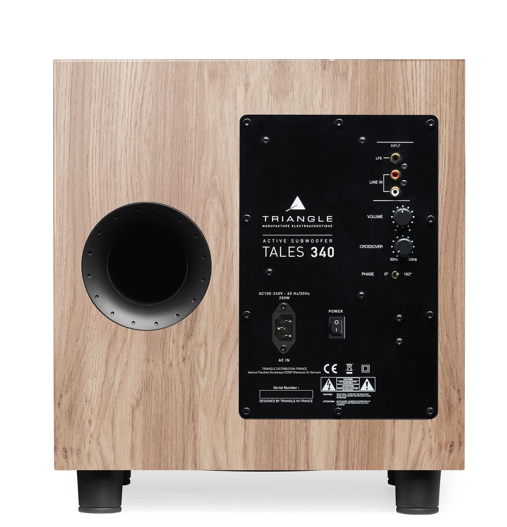 TRIANGLE – Tales 340 Subwoofer mit 200W Verstärker – Bassreflex – 25 cm Lautsprecher – Cinch/LFE-Eingänge – Mehrzweckmusik und Heimkino – 342 x 383 x 357 mm - Eiche hell