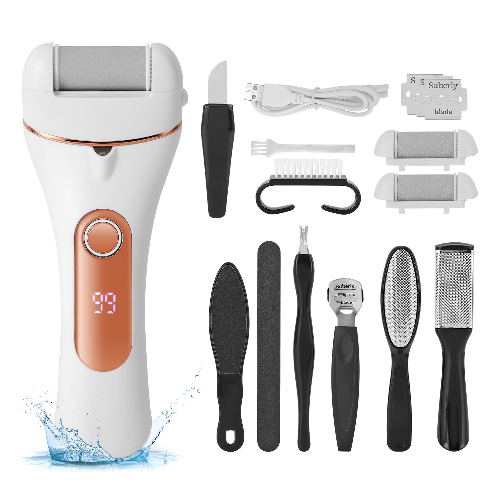 Electric Feet Callus Remover, Rechargeable IPX5 Waterproof Foot Care Pedicure Kit, for Dead Skin&Cracked Heel, Electric Foot File Set with 3 Roller Heads (Champagne Gold)