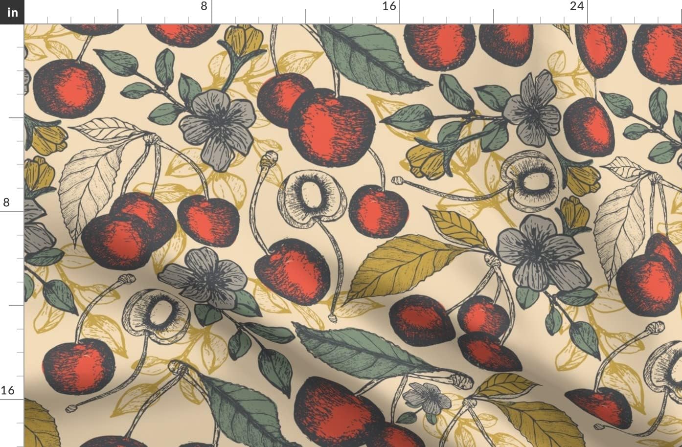 Spoonflower Fabric - Cherry Vintage Nature Fruit Botanicals Printed on Organic Cotton Sateen Fabric by The Yard - Sewing Quilting Apparel Home Decor