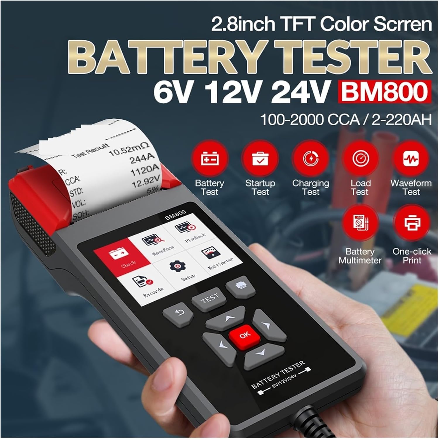 Car Battery Tester with Printer 6V 12V 24V Battery Analyzer Cranking Test & Charging Test & Max Load Test