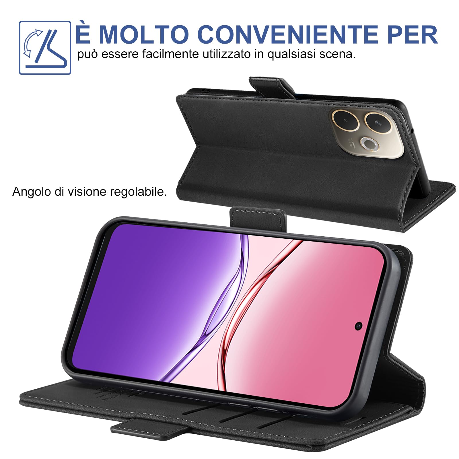 Giyer Cover per OPPO A5 Pro Custodia con Vetro Temperato, Premium Pelle PU Portafoglio Slot per Scheda RFID Antifurto Funzione Supporto Flip Case, Antiurto per OPPO A5 Pro 5G Cover (Nero)