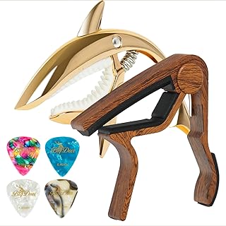 BigDeer Guitar Capo for Acoustic and Electric Guitars - One Rosewood Plus One Alloy Shark Capo (Gold) for both acoustic and electric guitars, great feel, no fret, durable and 4 guitar picks