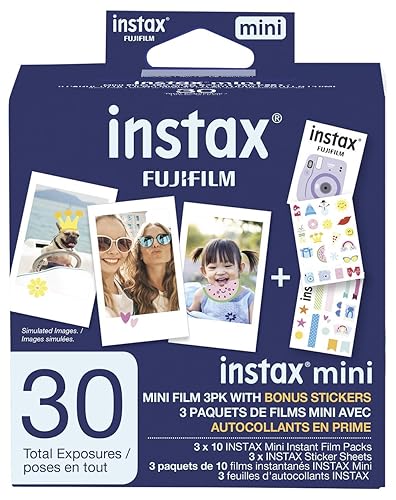 Fujifilm Instax Mini Film, 3 Pack with Stickers (30 exposures)