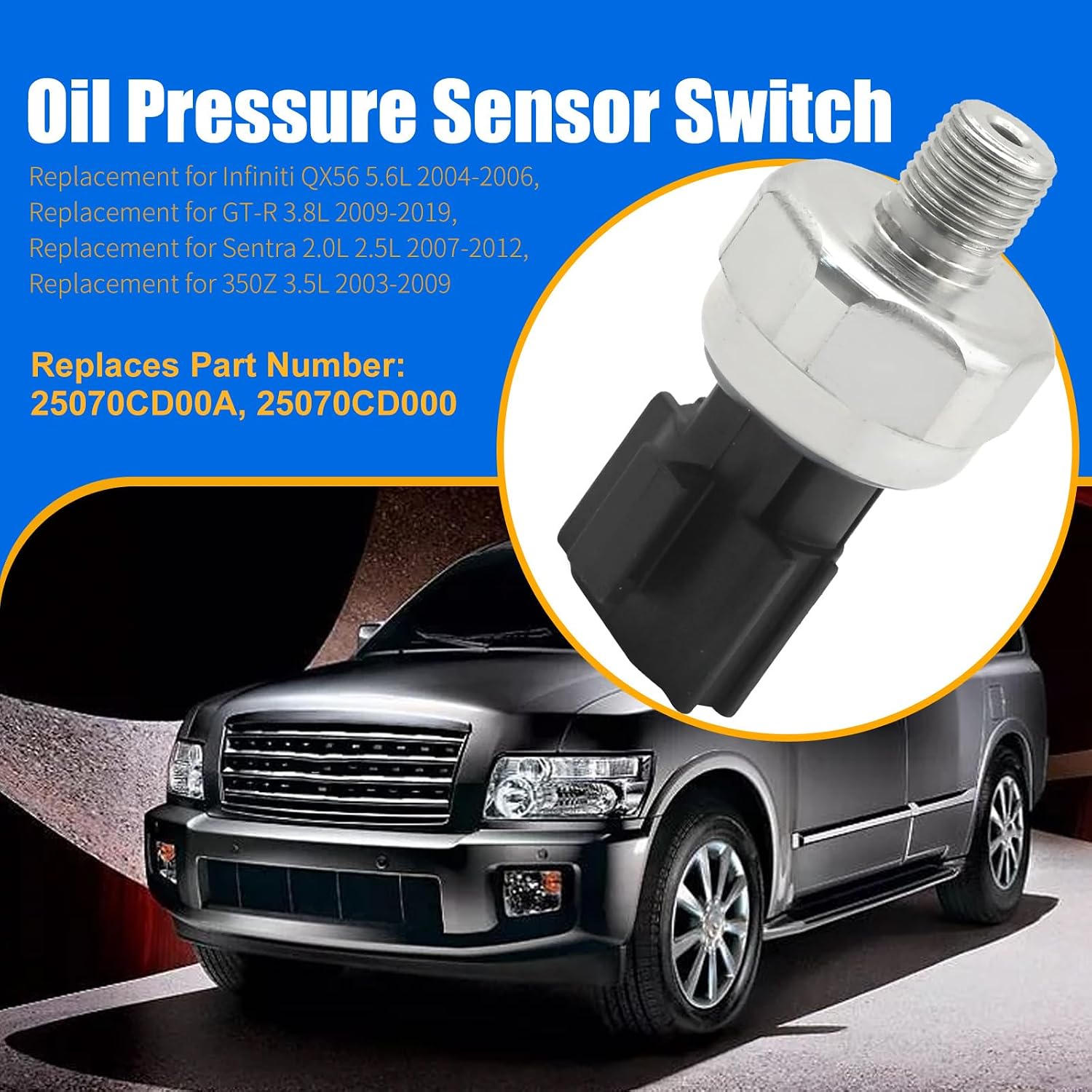 25070CD000 Oil Pressure Sensor Switch, Replacement for Infiniti QX56 V8 5.6L 2004-2006 Replacement for Pathfinder V8 5.6L 2004, Replaces 25070CD00A
