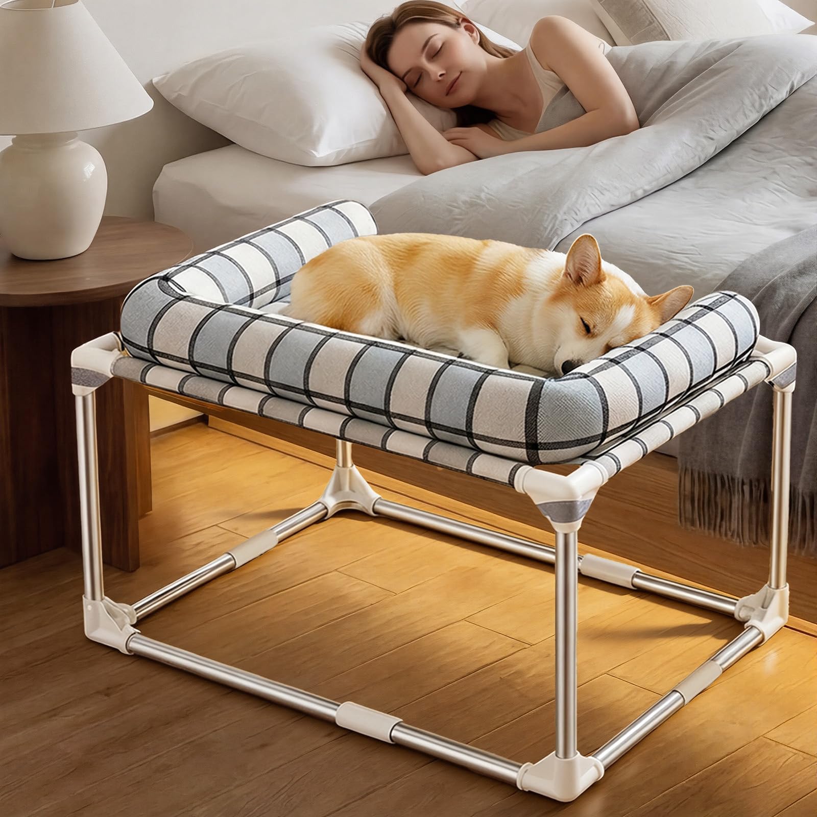 Photo 1 of Bedside Cosleeper Dog Cat Bed - Height Elevated Dog Bed with Bloster Extension Attached to Human Bed Dog Cat Window Perch Bedside Lounge Elevated Dog Bed with Pillow (34 x 26 x 20 Inch)
