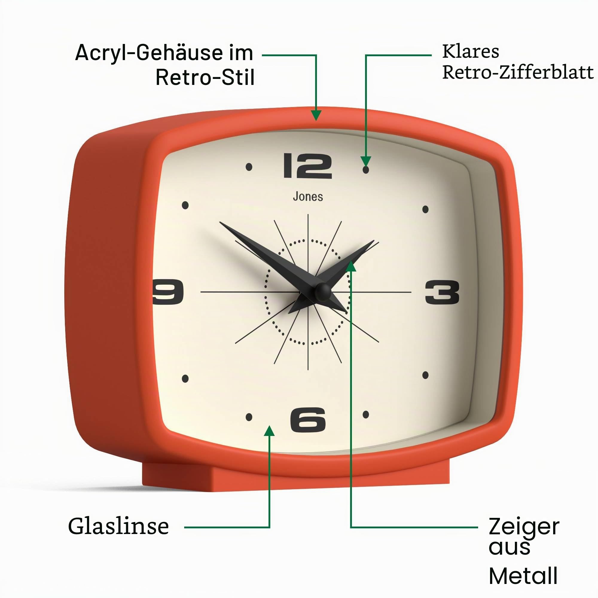 JONES CLOCKS® Film Schreibtischuhr | Retro-rechteckiges Design | Orange | Retro-Design, das mid-Century-Stil mit einem markanten modernen Finish für Regal, Tisch, kaminsims oder Bett verbindet