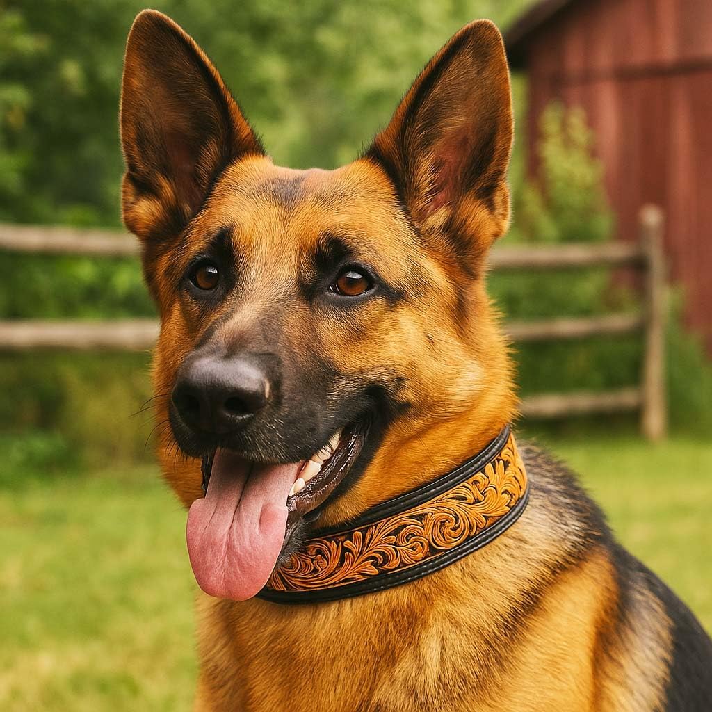 Large 21''- 25'' Padded Leather Dog Collar Heavy Duty Floral Tooled 60FK17