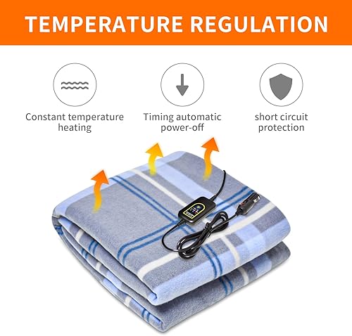 Miniatura 7 de Amazingforless - Manta de forro polar calefactable de 12 V con controlador para temporizador y niveles de calor, manta eléctrica a cuadros para Azul