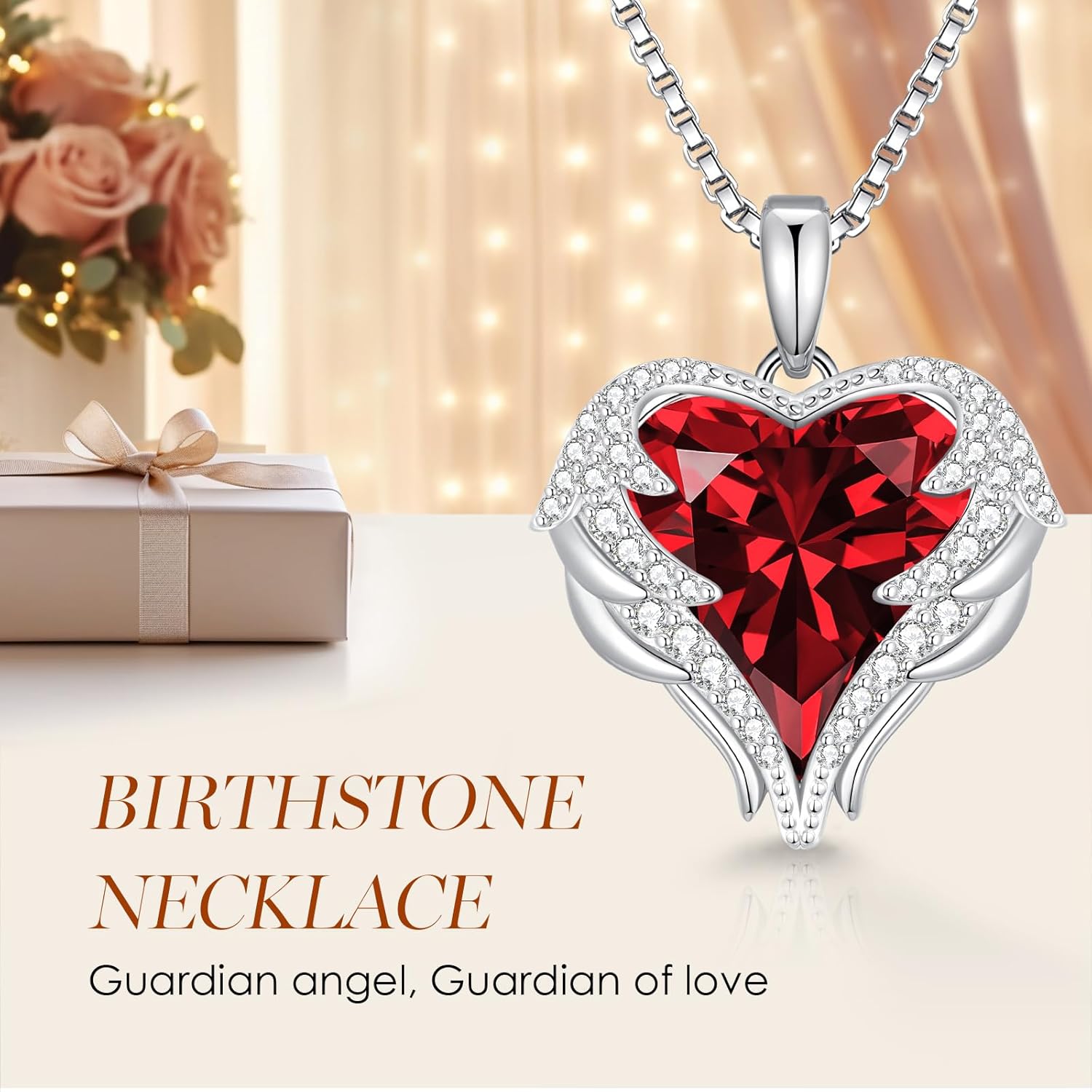 CDE Valentines Day Gifts for Women Angel Wings Necklace for Women with Birthstone, Love Heart Silver Tone/Gold Tone Pendant, Ideal Anniversary or Birthday Jewelry Gifts for Wife Girlfriend Her - Image 4