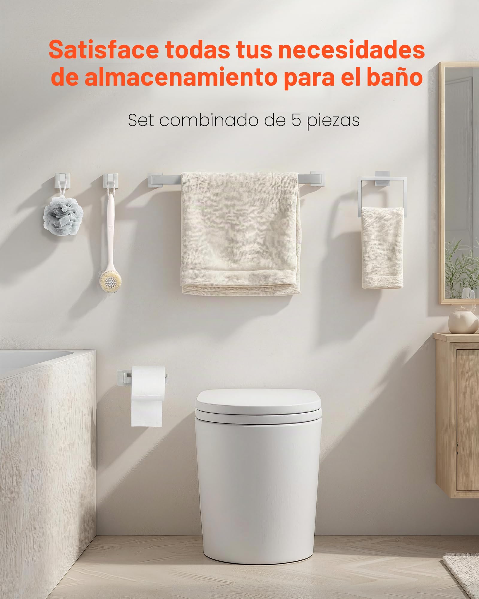 VEVOR Juego de Accesorios de Baño, Acero Inoxidable 304, con Toallero y Toallero Anillo Cuadrado, 2 Ganchos y Portarrollos de Papel Higiénico, para Baño, en Pared, 598 x 50 x 80 mm, Plata, 5 uds