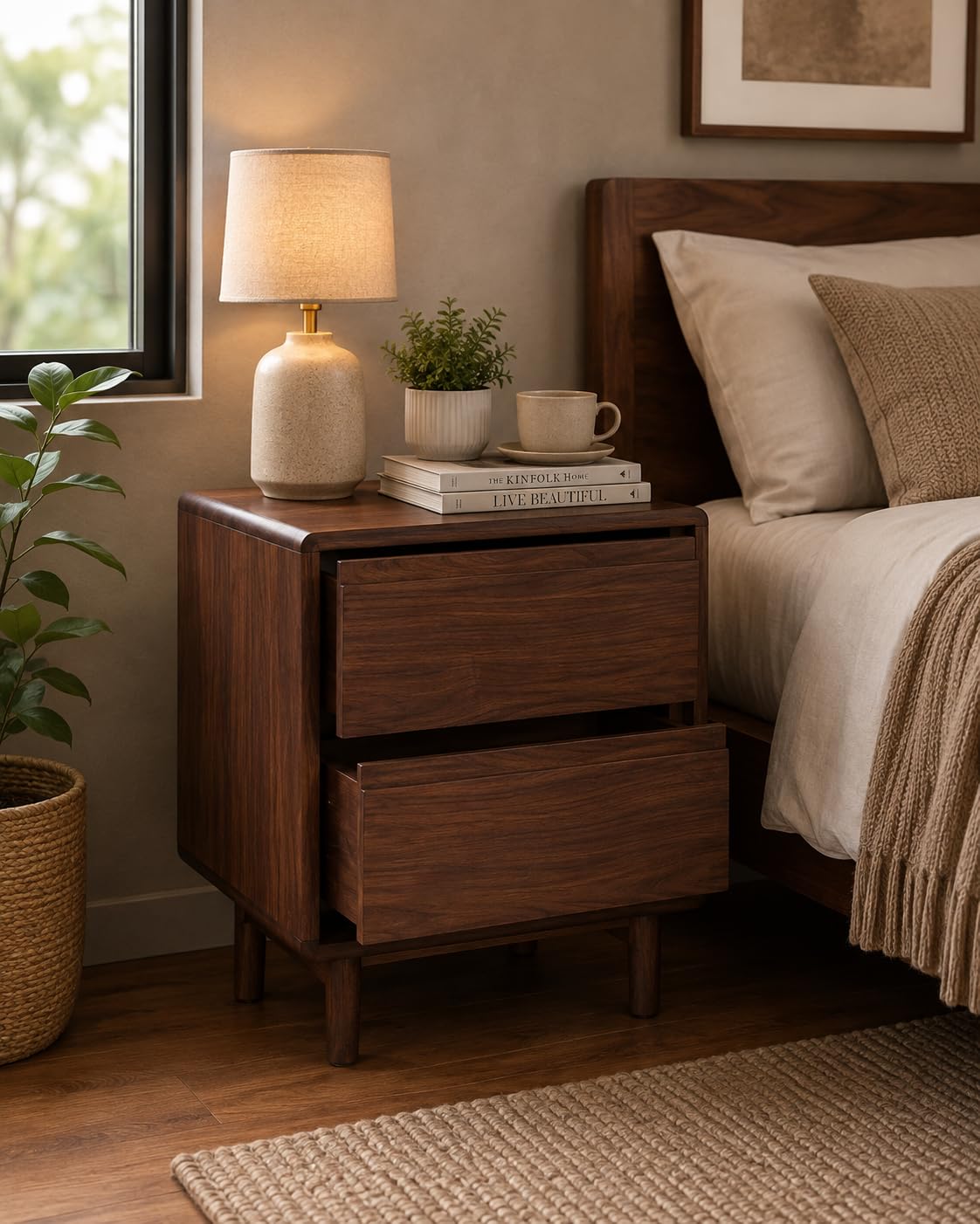 Solid Sheesham Wood Bedside Table for Bedroom | Wooden Bed Side Nightstand Lamp Table with Drawer Storage for Home & Hotels (Walnut 3)-image-23
