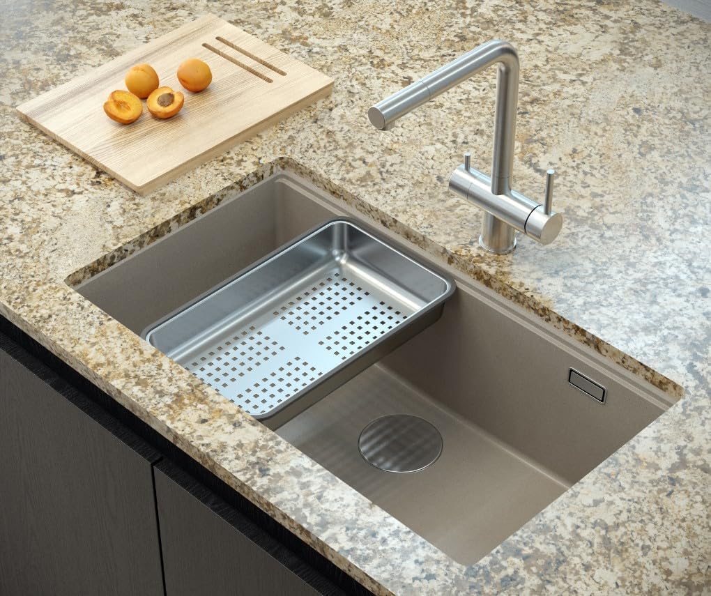 QUADRON Fregadero de un seno Fregadero de granito cocina | tamaño 70 x 37 x 23,5 cm Color: Topo suave y acero | Fregadero LOGAN 110 | Fregadero bajo encimera Base de armario a partir de 80 cm