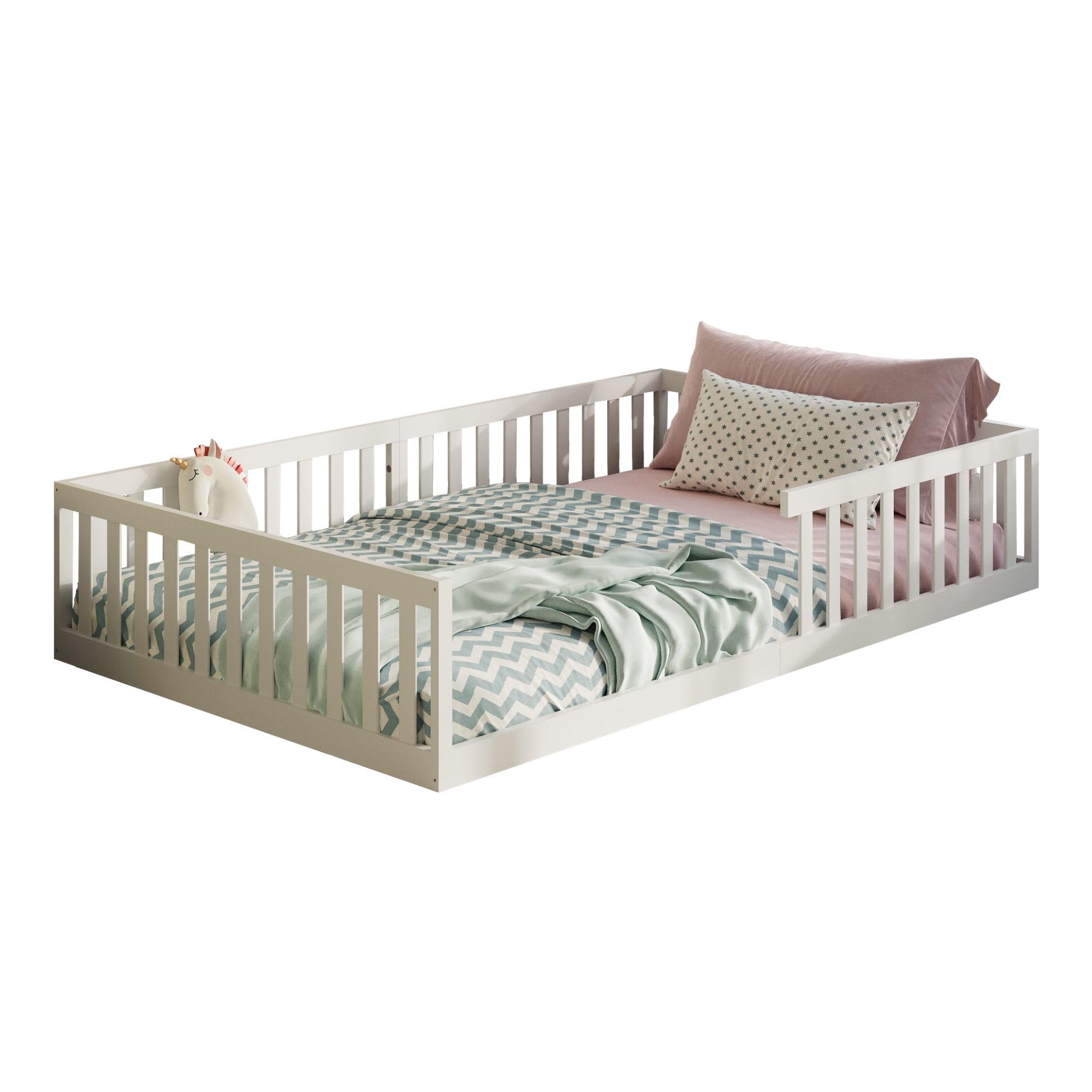 Kids Collective Letto per bambini Letto da terra 120x200 cm con protezione anticaduta e rete a doghe Letto Montessori Letto per bambini Bianco Altre misure 90x200 cm 140x200 cm