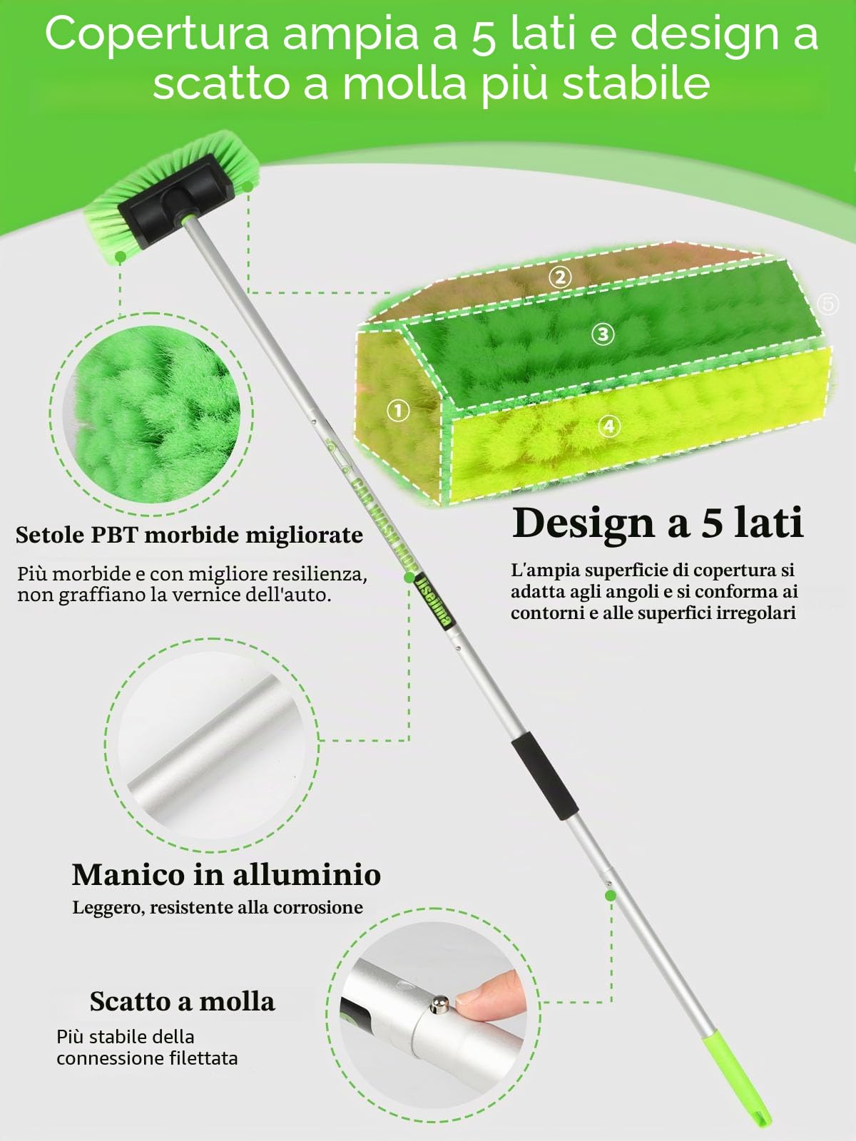 Spazzola Lavaggio Auto 60" 150cm Sfaccettato Cinque con Telescopico Manico, Spazzola Pulizia Dettagli con Setole Morbide per l'interno e l'esterno Auto SUV Camion Barca Pneumatici Rimozione Della Neve