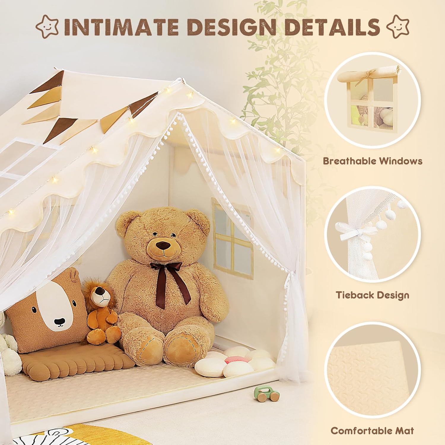 Close-up of the play tent showing breathable windows, tie-back curtain design, and the comfortable mat.