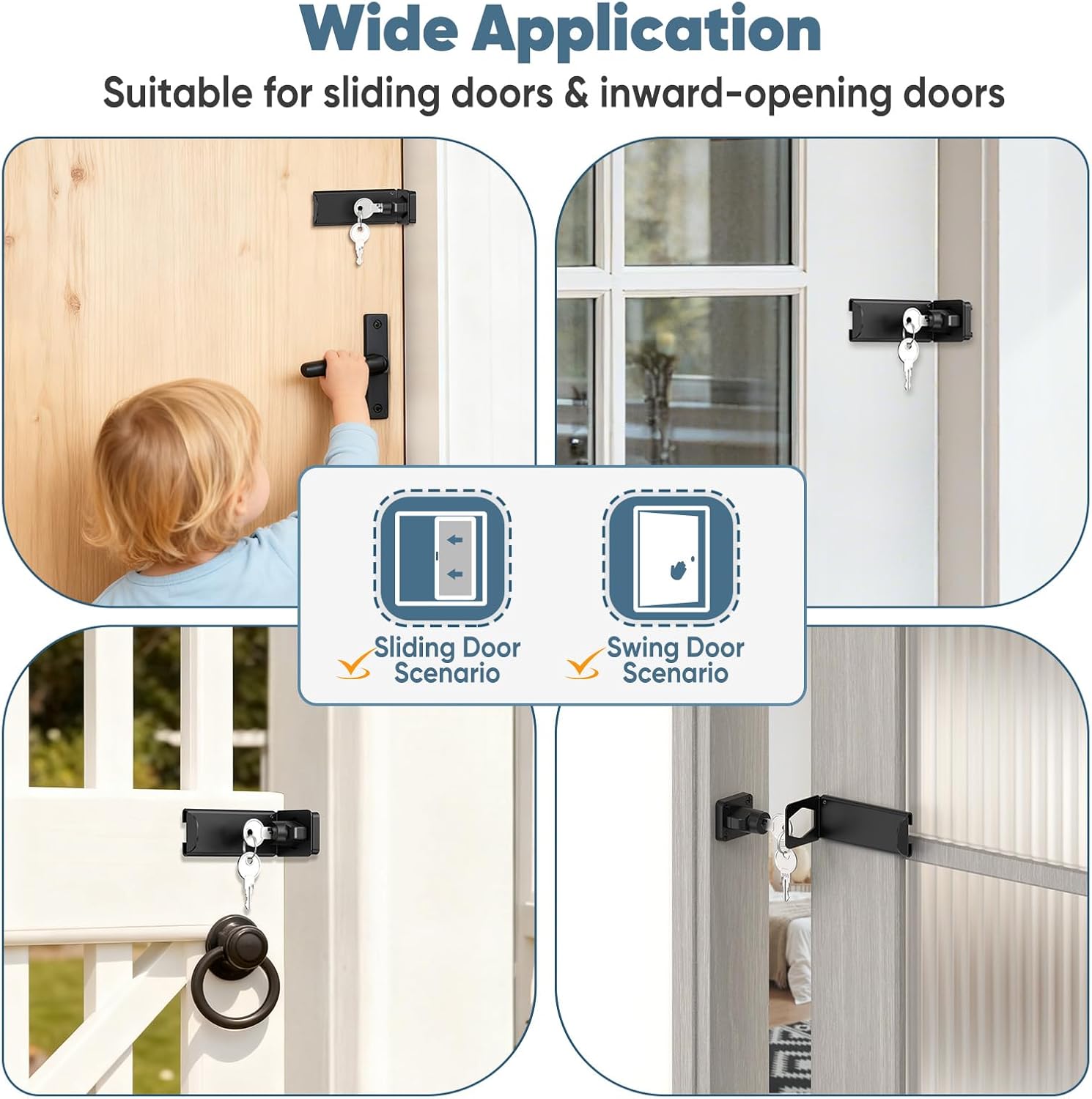 90 Degree Right Angle Door Locks, 3.3 Inch Thickened Sliding Hasp Latch for Inward Opening/Closet/Shed/Barn Door, Cabinet - Heavy Duty Latch for Home Security (Black, 3.3In with Key-1PC)