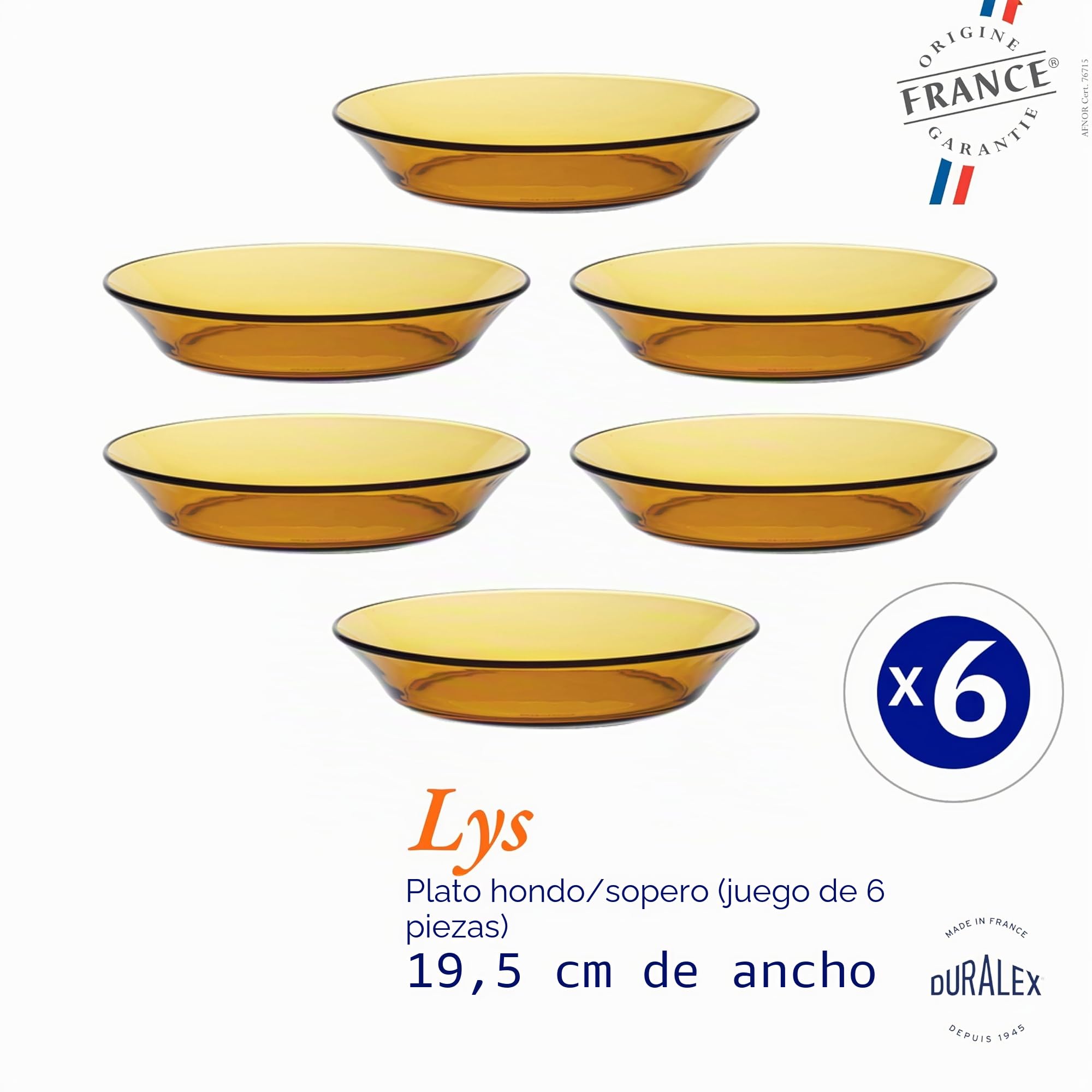 Duralex - Plato de Vidrio Hondo Lys Ambar, 19,5 cm, 6 unidades