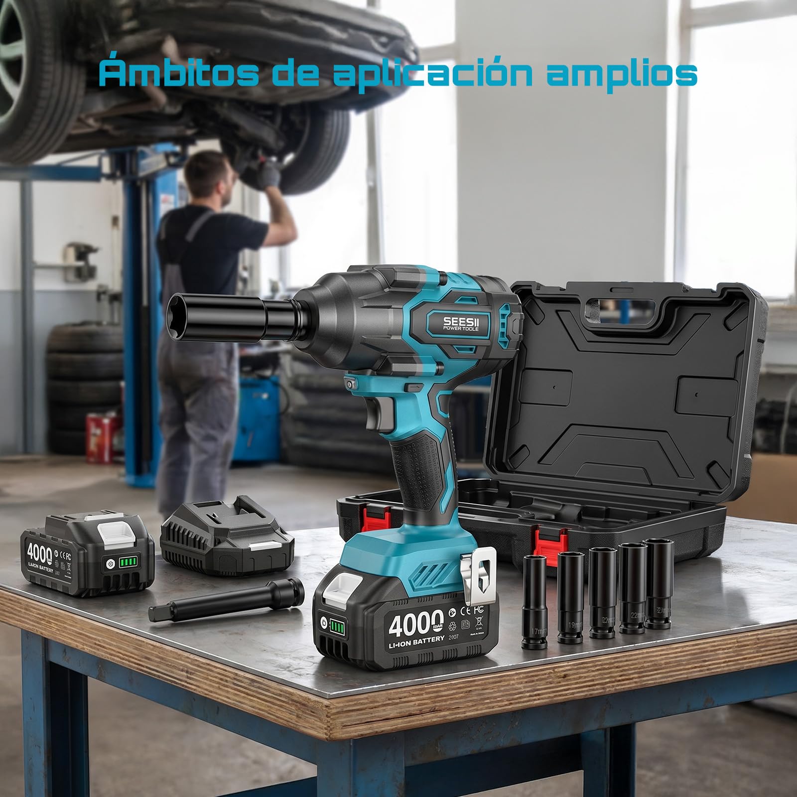 Seesii 1200 N·m llave de impacto a batería, 1/2 Pistola de Impacto sin escobillas con dos baterías de 4000 mAh, cargador rápido, 5 llaves de vaso, llave de impacto para neumáticos de coche