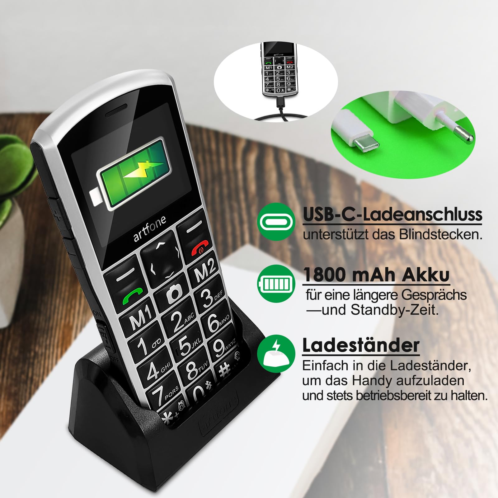 artfone Volte - Telefono cellulare 4G per anziani, senza contratto, con tasti grandi, con pulsante di chiamata di emergenza e batteria da 1800 mAh, doppia SIM con stazione di ricarica da tavolo