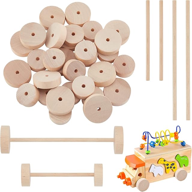 OLYCRAFT 64pcs Wood Wheels Unfinshed Wooden Wheel with Wooden Sticks Wooden Craft Wheels Tires with 5mm Holes for DIY Cars Wooden Crafting Projects - 28mm & 35.5mm