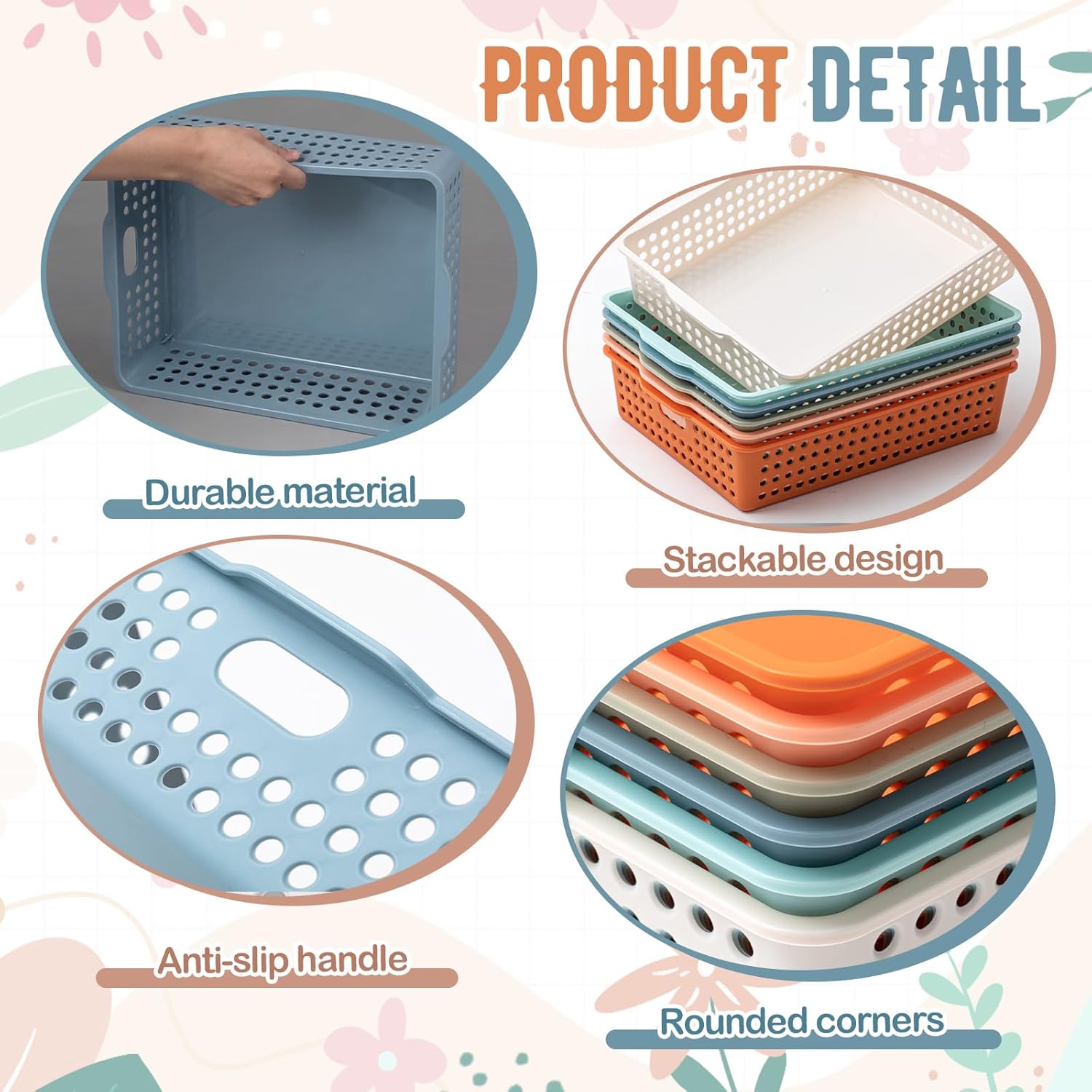 Geetery 6 Pack Classroom Storage Baskets with Handle 14''x10'' Paper Tray Holds A4 Turn in Trays Plastic Paper Baskets Desk Organizer Bin for Classroom, Library, Office, Home (Boho Color)