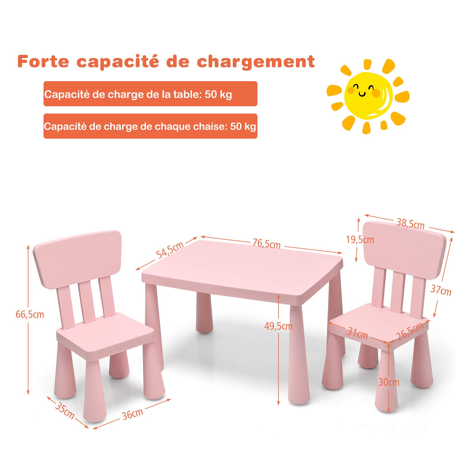 GOPLUS Table Enfant avec 2 Chaises, Petite Table d'Activité Enfant en Plastique pour Manger, Étudier, Jouer, pour Filles Garçon 1-7 Ans, Charge 50KG (Rose)