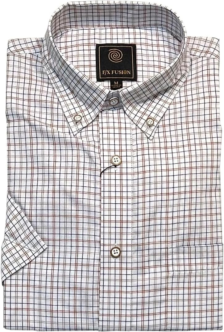 FX Fusion White/Tan/Navy Multi Grid Short Sleeve Sport Shirt (as1, Alpha, m, Regular, Regular, White/Tan/Navy Multi Grid)