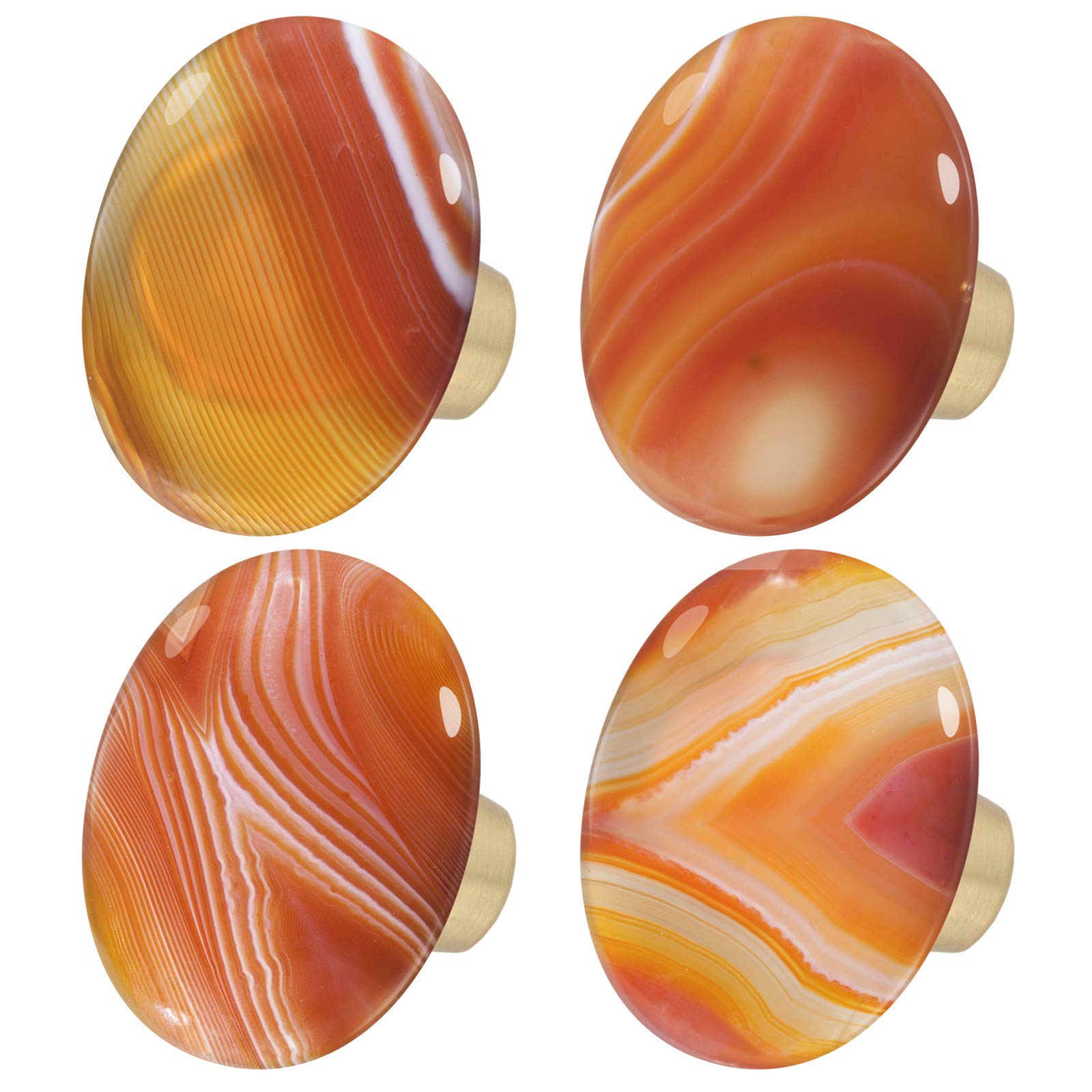 Rockcloud Natural Orange Stripes Agate Stone Knob Drawer with Screws, Oval Rough Gemstone Pull Handle for Dresser Cabinet Wardrobe Hardware Accessories Home Furniture Decoration, 4 PCS