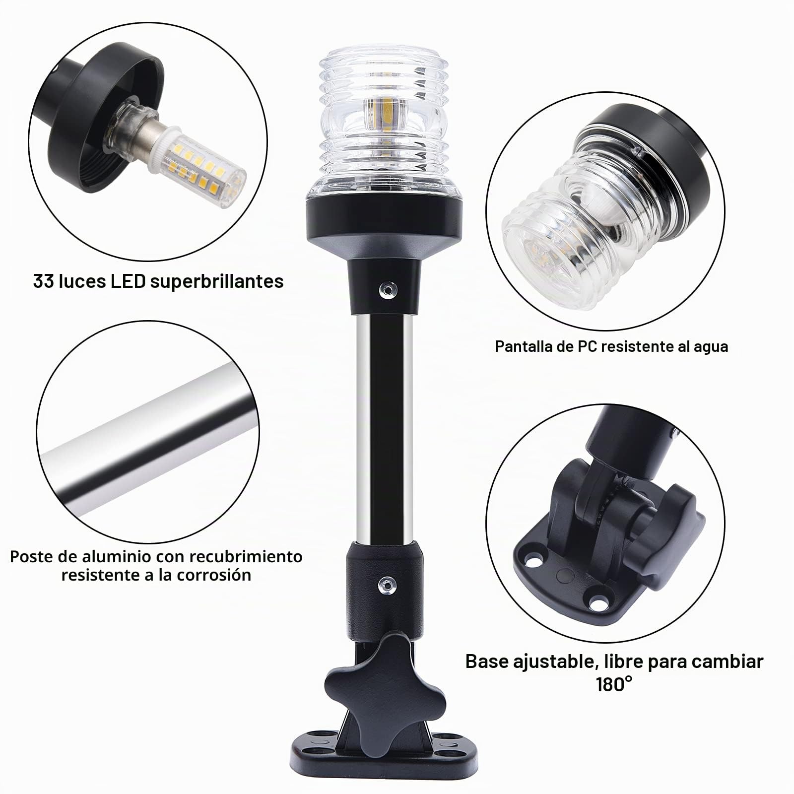 Geloo Luz de señal de vela 12-24V Marine Boat Navigation Lights All Round 360° 4000~4500K Luz blanca marina pura plegable luz de anclaje
