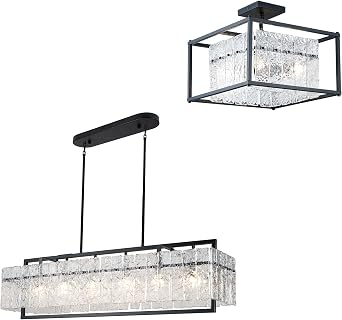 Rectangle Black Modern Crystal Chandeliers for Dining Room, Square Foyer Chandelier for Entryway, Linear Farmhouse Lighting for Kitchen Island