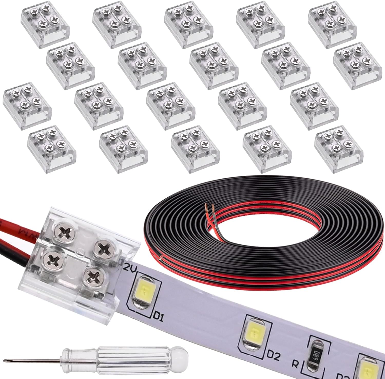 20 Pack LED Strip to Wire Connector and 16.4ft 20AWG Red/Black Wires,Transparent Solderless Connector by Screwdriver,Suitable for 2Pin 8mm Width PCB LED Strip Light