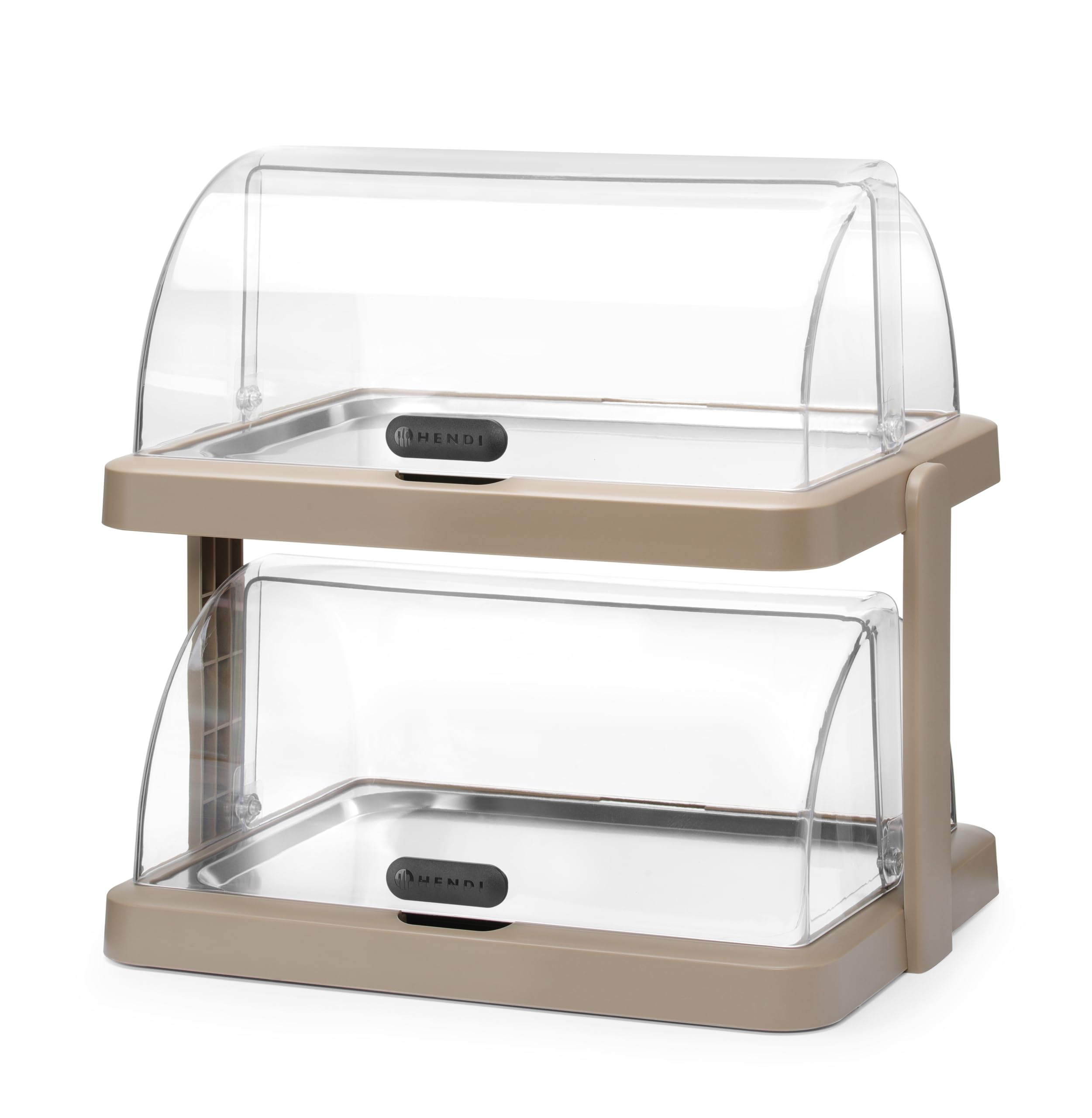 HENDI Vitrine réfrigérée double de présentation Duo UNIQ, Beige | ABS et PET transparent, 2 couvercles coulissants roll-top, 2 plateaux inox 40x30cm, 4 accumulateurs de froid,480x355x(H)480mm