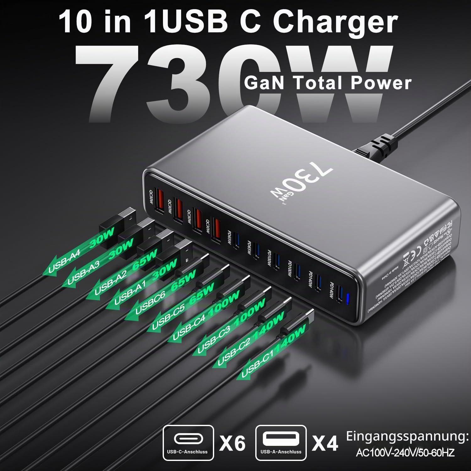 USB Ladegerät Mehrfach 730W, Schnellladegerät 10 Ports GaN Mit 6USB-C + 4USB-A, Multi-Geräte-Ladegerät Für Notebook, MacBook, i Phone 16/15/14/13/Samsung S25/S24 Ultra