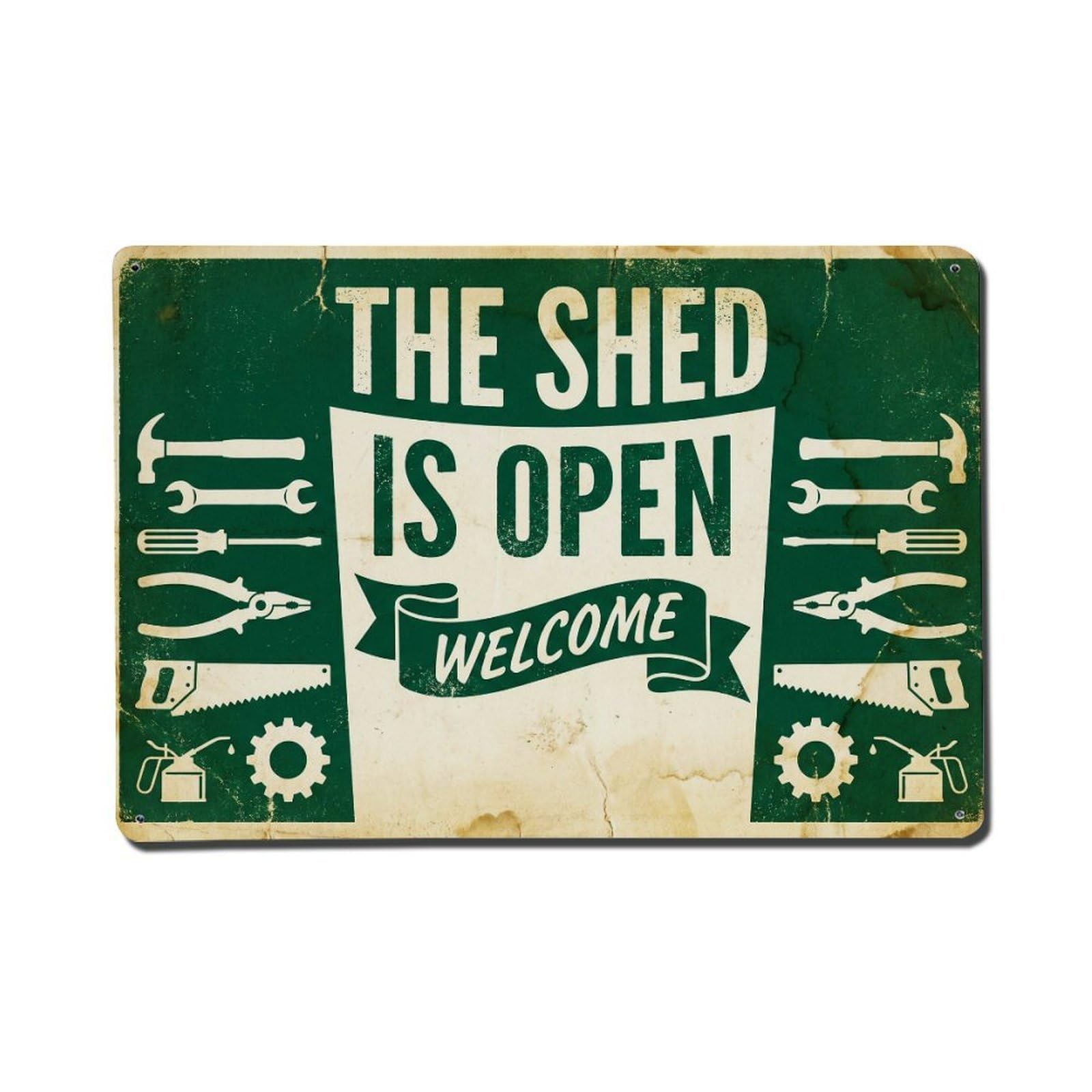 Workshop Shed Open Repair Tools Welcome DIY Metal Tin Sign Plaque Wall Decor for Cafe, Man Cave, Club Bar, Office, Home Garden Round Metal Poster 8x12Inch