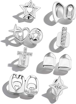 GIFIKOI 9Pcs Silver Plated Grillz Teeth Caps for Women Men Fake Tooth Cap Grill Dental Jewelry Kit for Teeth Mouth Hip Hop Vampire Halloween Party Single Grillz Jewelry Set Silvery