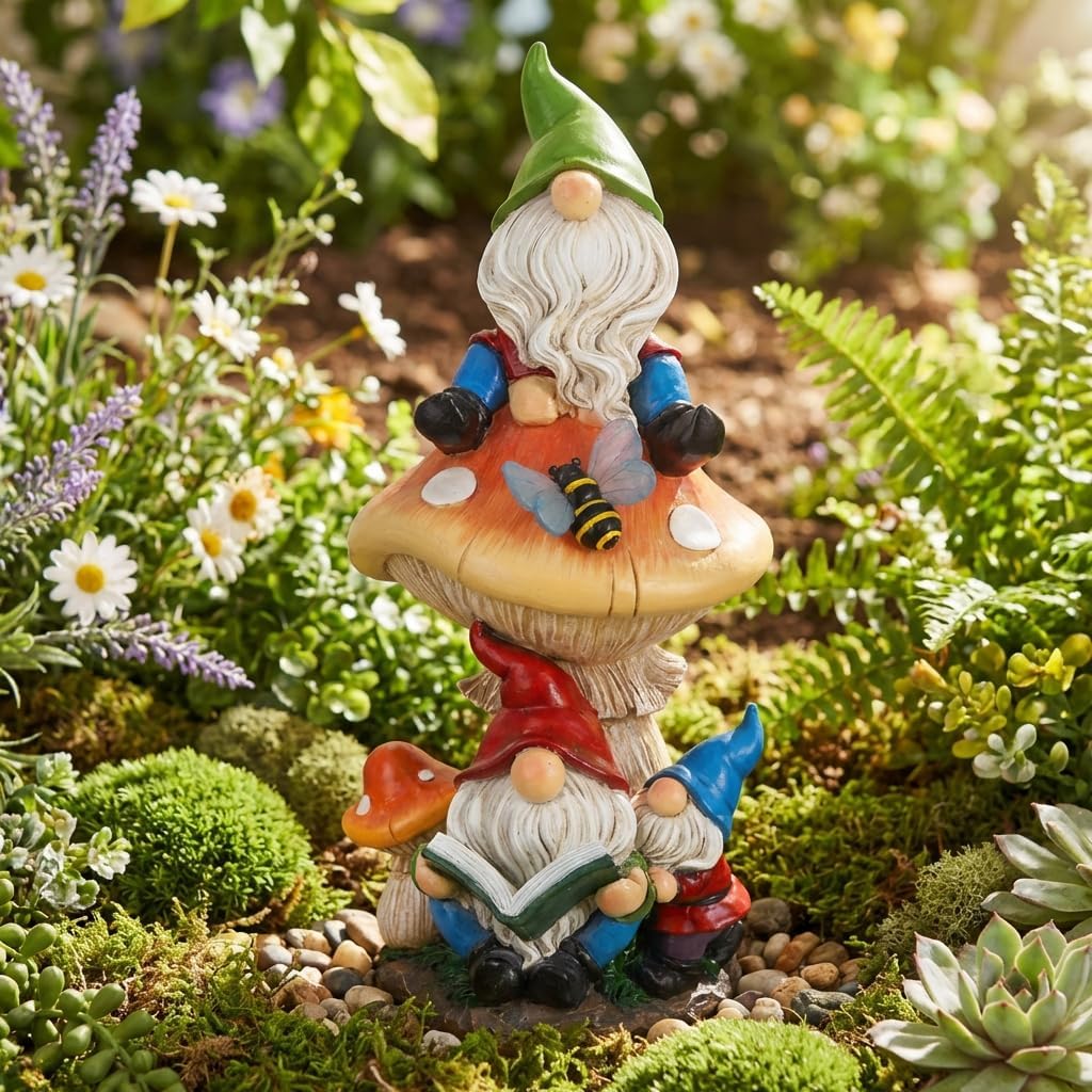 TERESA'S COLLECTIONS Garden Gnomes Statues Decorations for Yard with Solar Lights, Resin Gnome on Mushroom Reading Garden Decor Outdoor for Patio Lawn Ornaments,Ideal Gifts for Mom, 12.6"
