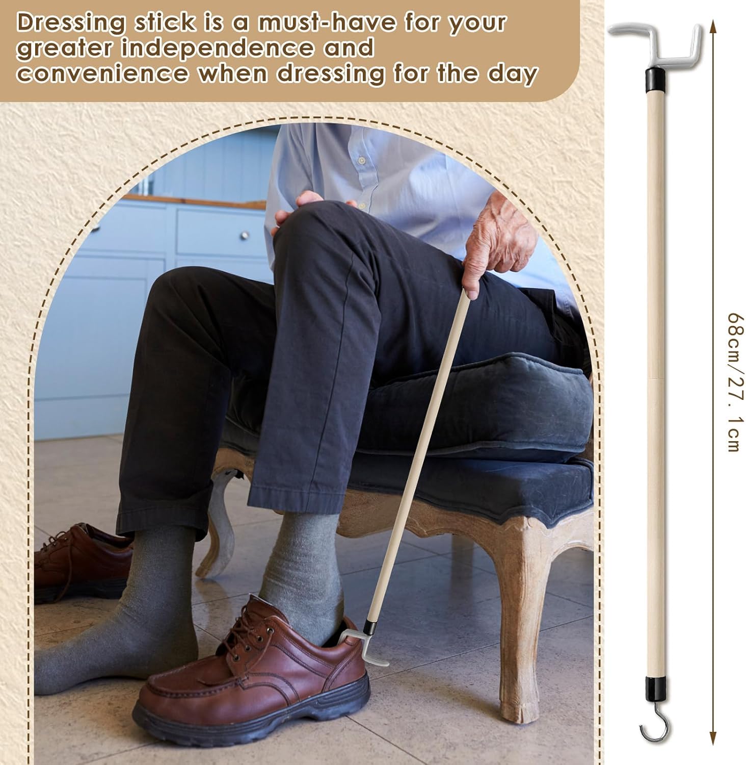 Geelin 4 Pcs 27'' Long Dressing Stick for Elderly Disabled Limited Mobility Dressing Aid for Pants Shoes Socks Shirts Daily Living Aid Hip Replacement Nursing Home Essential Items