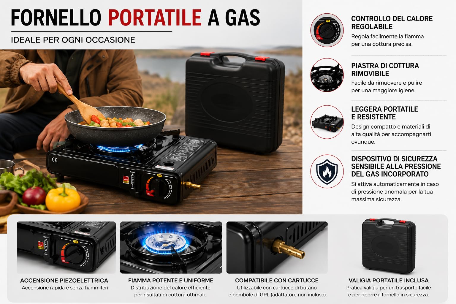 Fornello a Gas da Campeggio a Doppio attacco Cartucce di gas Butano o Bombola di gas GPL con Valigetta