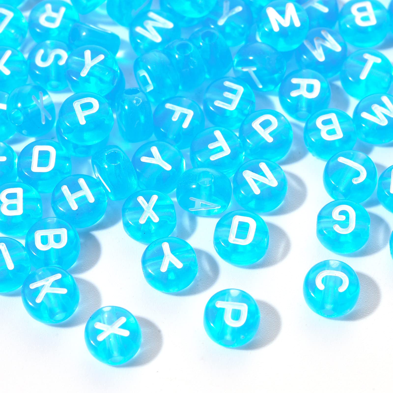 200pcs Blue Acrylic Flat Round Alphabet Letter Beads 7mm Pony Disc Coin A-Z White Letter Pattern Loose Spacer Beads for DIY Bracelet Jewelry Making