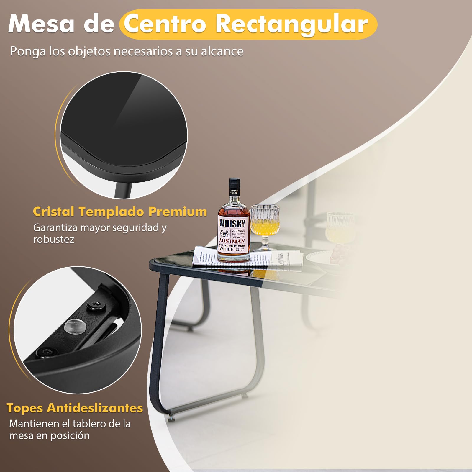 COSTWAY Muebles Jardin Exterior 4 Piezas, 2 Mecedoras y Sofá de 2 Plazas con Mesa con Vidrio Templado, Mesa y Sillas Terraza, Tela Transpirable, Conjunto Jardin Exterior Balcon (Negro)