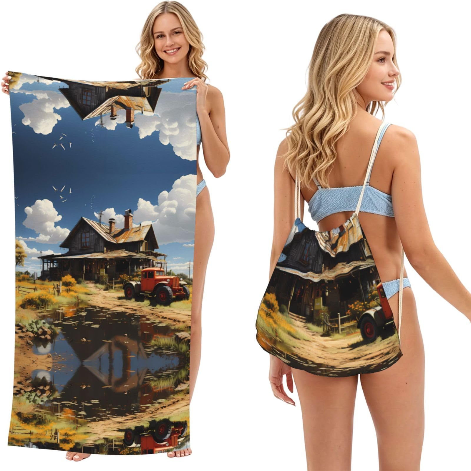 SXZVVBN Texas Farm Tractor 2-in-1 Beach Towel Bag, Quick Dry Sand Free Travel Towel Backpack for Adults