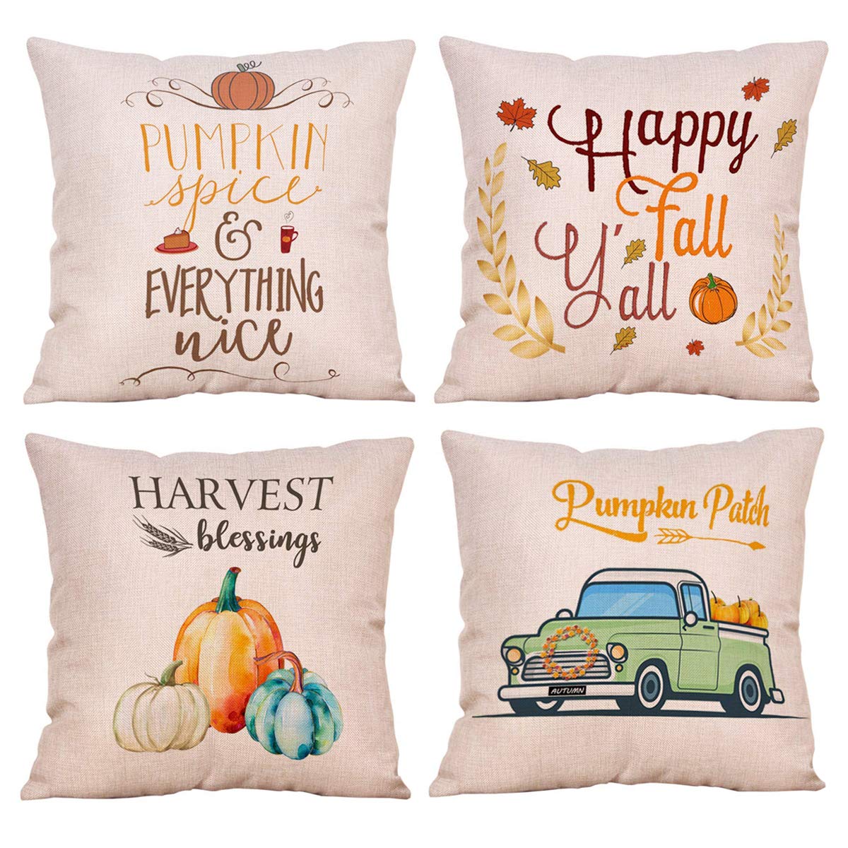 Soild Linen Autumn Harvest Theme Throw Pillow Covers Set of 4, Decorative Pillowcase Cushion Cover for Sofa Bedroom Car 18 x 18 Inch 45 x 45 cm (Style 23)