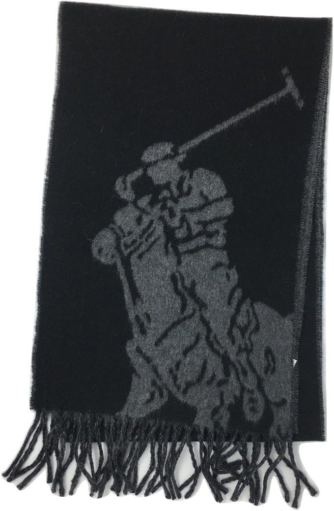 Polo Ralph Lauren Men Wool Blend Big Pony Reversible Scarf - Made in Italy (One size, Black/Coal)