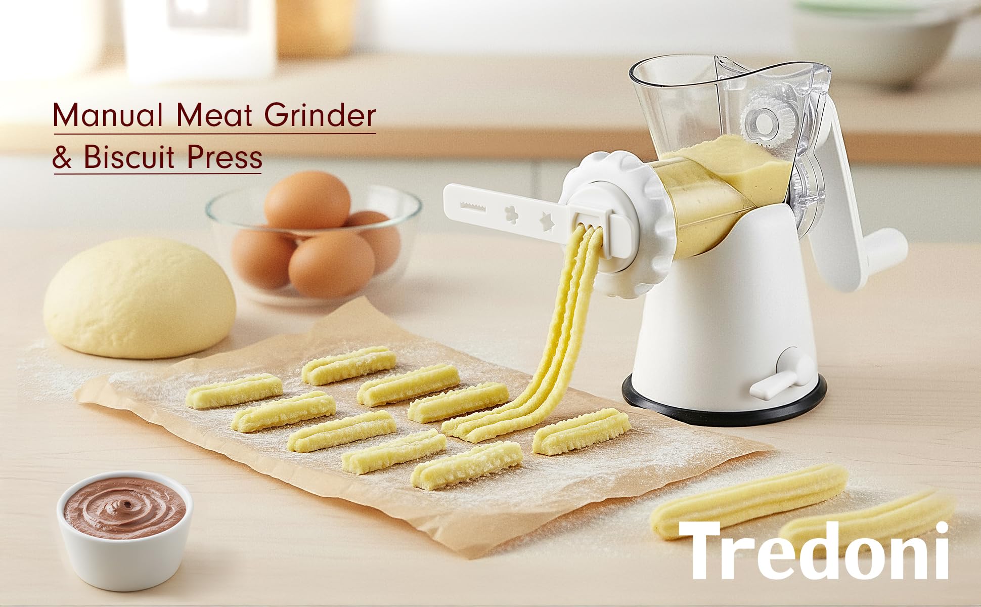 Tredoni Tritacarne Manuale & Tritaverdure – Macchina per Biscotti con Pressa e Accessorio per Churros/Biscotti (4 Forme), Bianco