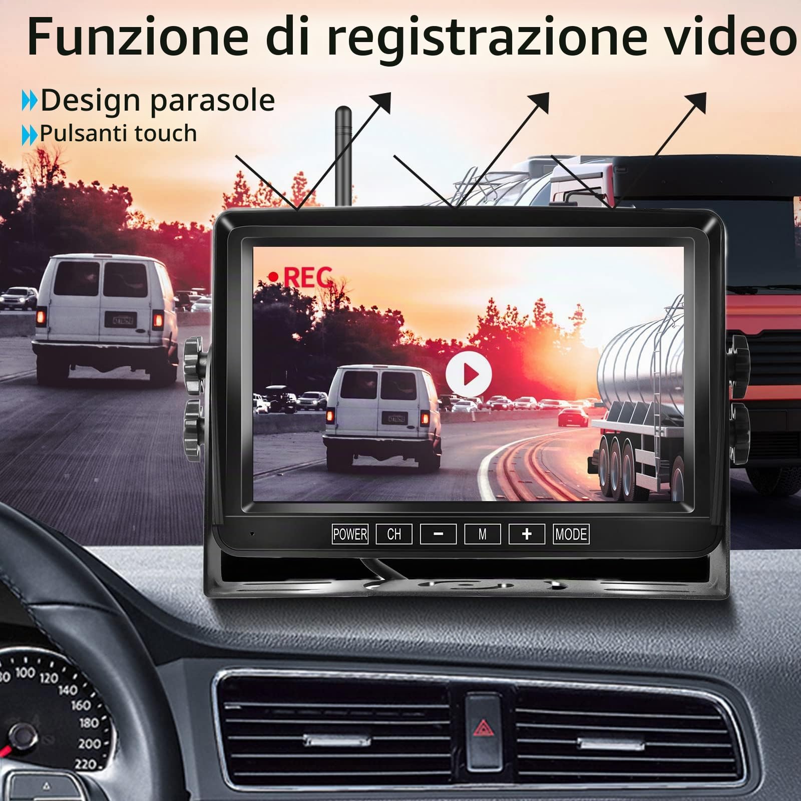 Telecamera Posteriore Wireless, DVR Monitor LCD da 7 pollici, Registrazione Video Telecamera per Retromarcia Sistema- Visione Notturna Impermeabile IP69, 12V-36V per Auto/Rimorchio/Bus/Camion/Camper