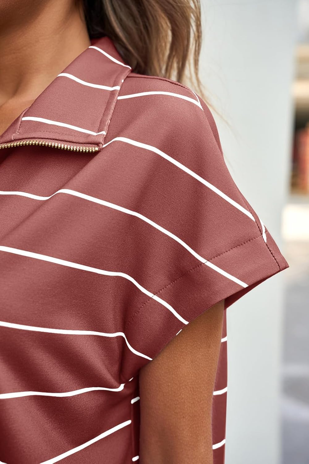 Fisoew Women Summer 2 Piece Outfits Striped Short Sleeve Zipper Shirts Casual Shorts Loose Lounge Short Sets - Image 5